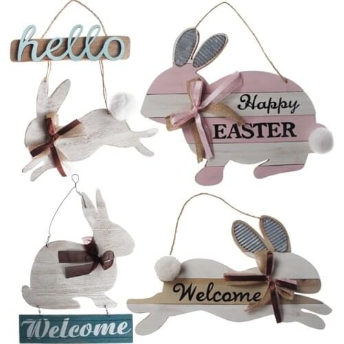 Happy Easter Bunny Hanging Pendant Wooden Hello Rabbit Ornaments Craft Home Decoration DIY Props Party Supplies