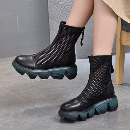 2021 Spring and Summer Sandals Genuine Leather Womens Shoes Platform Sandals Back Zipper Short Boots Platform Heel Mesh Shoes