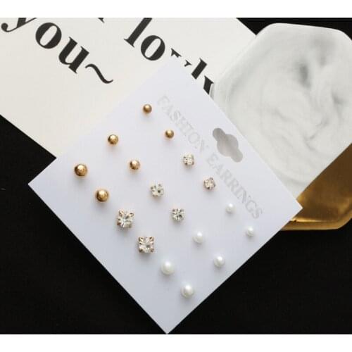 9 pairs/set of Pearl Flowers Zircon Card Earrings Simple Fashion Multilayer Geometric Stud Earrings For Women Girls Jewelry