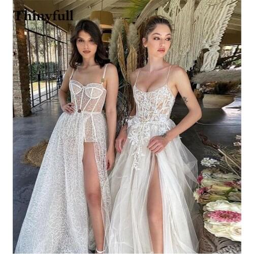 Thinyfull New A Line Short Boho Wedding Dresses Lace Appliques Sweetheart Spaghetti Beach Party Gowns Princess Bridal Dress