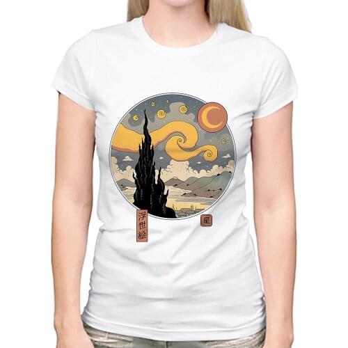 Vintage Japan Ukiyoe style Starry Night funny t shirt femme new white short sleeve women casual tshirt streetwear tee