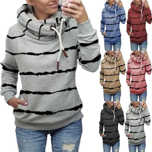 Vintage Striped Print Hoodies Sweatshirt Women Casual Drawstring Long Sleeve Pullovers Streetwear Plus Size Moletom Feminino