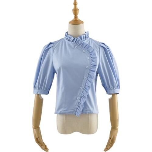 Summer new street fashion lotus leaf stitching solid color puff sleeve short shirt women, personalized design short shirt women