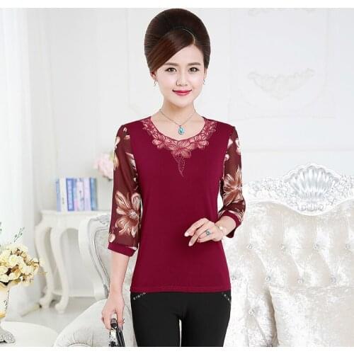 2021 Summer T Shirt Women Chiffon 3/4 Sleeve Print Tshirts Plus Size Loose Casual Middle-aged Mother Tee Shirts Femme Lace Tops