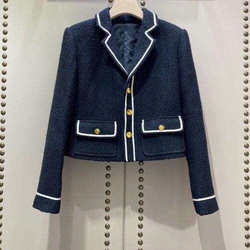 Tweed Jackets Women Turn Down Collar Long Sleeve Autumn Winter Wool Coats Vintage Office Lady Pockets Jacket