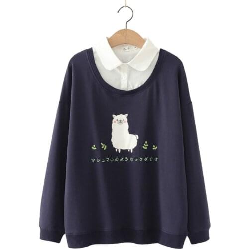 Navy Cartoon Print Funny Women Sweatshirts 2020 Autumn Long Sleeve Turndown Collar Cotton Preppy Style Two Pieces Ladies Tops