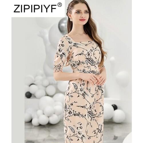 French Style High Waist Square Collar Floral Satin Dress 2020 Summer New Temperament Women Half Sleeves Dress C114