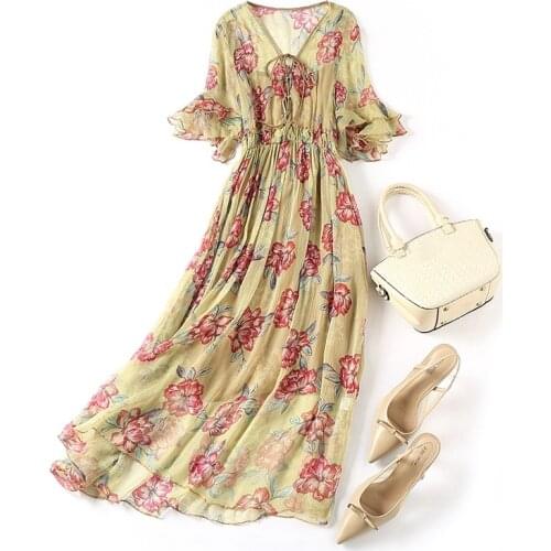 Summer Dresses for Women 2021 100% Silk Long Dress Female Korean Fashion Floral Dress Elegant Two-piece Robe Femme Pph4935