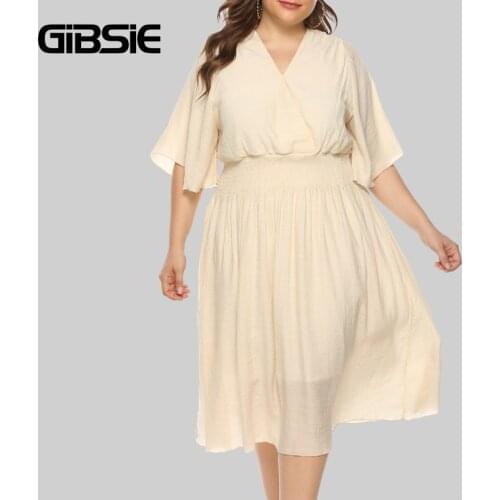 GIBSIE Surplice Neck Solid Elegant Midi Dress Summer Short Sleeve High Waist Dresses Women Plus Size Tie Back Casual Dress 2021