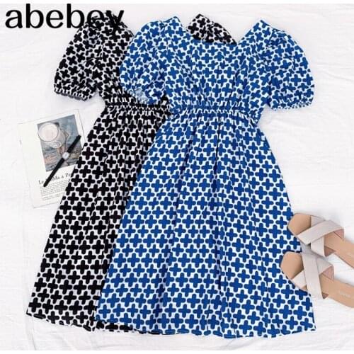 2021 New Summer Women Retro All-match Square collar puff sleeve Dress back lace up Bow off back Dress