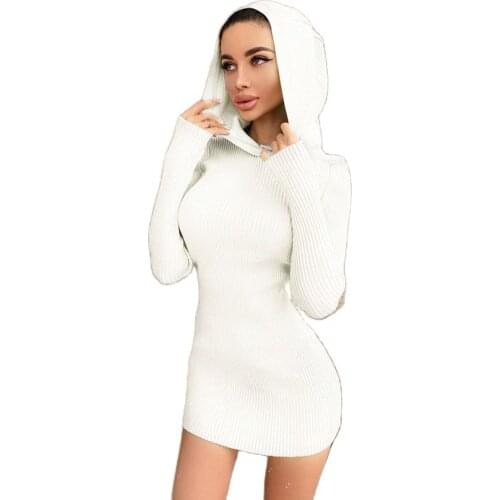 Midi Dress with Sleeves Winter Knitting White Cotton Hooded Sweater Dress Women Streetwear Slim Long Sleeve Bodycon Dress