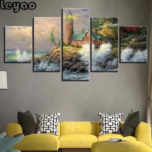 5 Pieces Fairy Tale Small Town Lighthouse Landscape Diamond Paintings Multi-Picture Diamond Embroidery Full Square/Round Drill