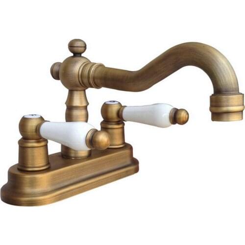 Antique Brass Double Ceramic Handle 2 Hole 4" Kitchen Bathroom Basin Faucet Sink Hot Cold Mixer Taps Swivel Spout 360' dnf326