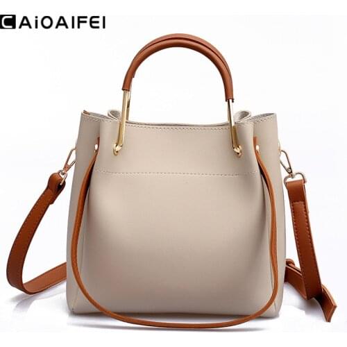 CAIOAIFEI new fashion women bucket bag solid PU leather handbags totes high quality female shoulder crossbody messenger bag
