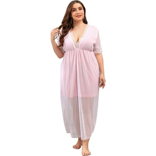 Short Sleeve Mesh Lace Home Wear XL To 4XL Plus Size Nightdress Soft Thin Summer Dresses for Women TA917