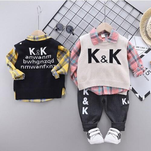 Childrens Suit Baby Boys Set Girls Fashion Spring Autumn Cartoon Cotton Knitting Coat+Shirt+Pants 3Pcs Casual Outfit Clothing