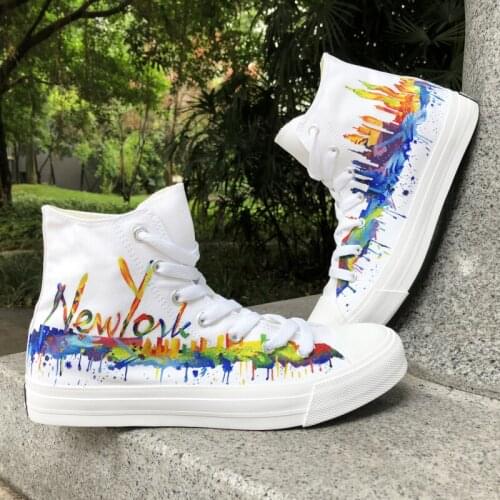 Wen Design Custom Unisex Canvas Shoes New York City Skyline Hand Painted White Shoes Boy Girls High Top Sneakers Plimsolls
