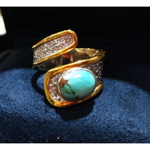 Lii Ji Real 925 sterling silver Turquoise Ruby Sapphire Ring Vintage Natural Stone Fashion Personality Geometry Adjustable Ring