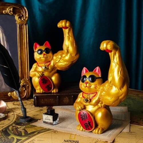 Creative Muscle Arm Lucky Cat Figurines Home Decoration Accessories Interior Feng Shui Animal Crafts Office Room Shop