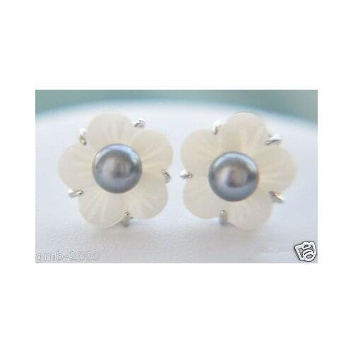 Natural 6-7mm Black Freshwater Pearl Shell Flower 925 Sterling Silver Earrings