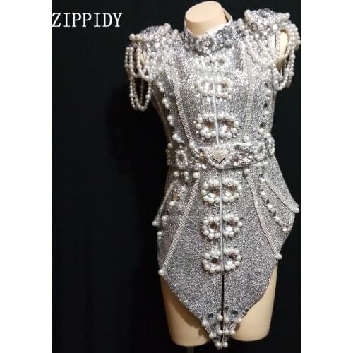 2019 New Design Sparkly Silver Gray Pearls Crystals Outfit Dance Wear Party Costume Stage Club wear Singer Dance Clothes