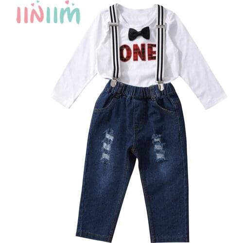 Baby Boy Clothes One Year Birthday Gentleman Outfits Toddler Boy Long Sleeve Romper+Suspenders Denim Pants 2Pcs Photography Sets