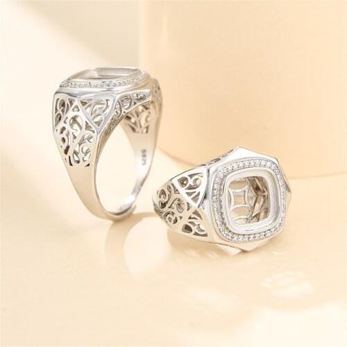 Ring Setting for 10x10mm Square Cabochons Ring Base White Gold Plated 925 Silver Zircon Adjustable Ring Blank SR0365