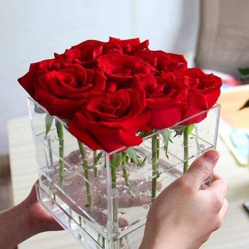 PS Heart-Shaped Makeup Organiser Clear Storage Case Packaging Organizer Preserved Acrylic Square Gift Rose Flower Box with Lid