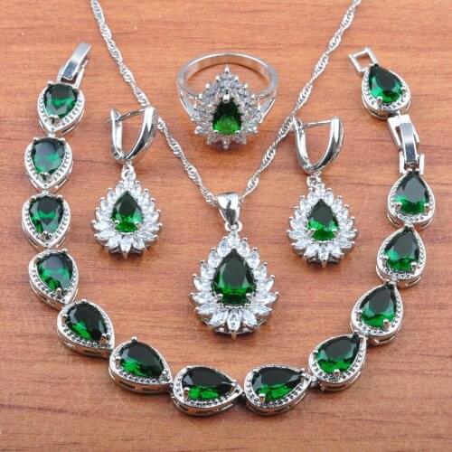 Silver Color Water Drop Jewelry Sets Green Cubic Zirconia Women Trendy Costume Accessories Independent Gift Box JS0392