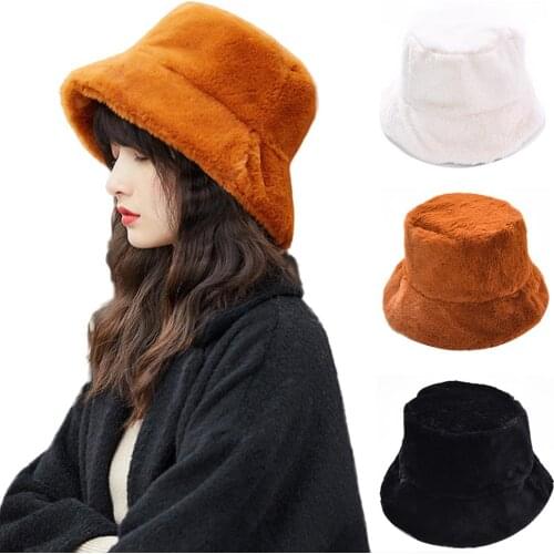 Chic Women Winter Solid Color Plushy Faux Fur Wide Brim Thick Warm Bucket Cap for Women Autumn Winter hat