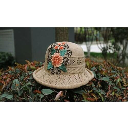 Handmade Embroidered Sun Hat Women Summer Straw Hat Beach Hat Cloche Hat topper