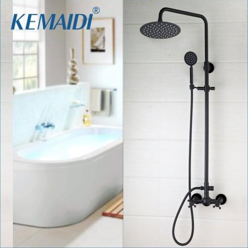 KEMAIDI Black Wall Mount Rainfall 8 Inch Round Head Hand Spray 2 Functions adjustable Hand Bathroom Shower Faucet Set Mixer Taps