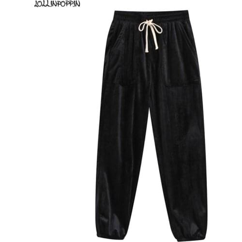 Streetwear Men Black Velour Pants Drawstring Elastic Waist 2021 New Loose Velvet Trousers Vintage