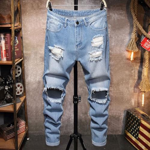 Hip Hop Ripped Jeans Men Hole Loose Korean Style Pants Harajuku Homme Streetwear Straight Denim Trousers Male