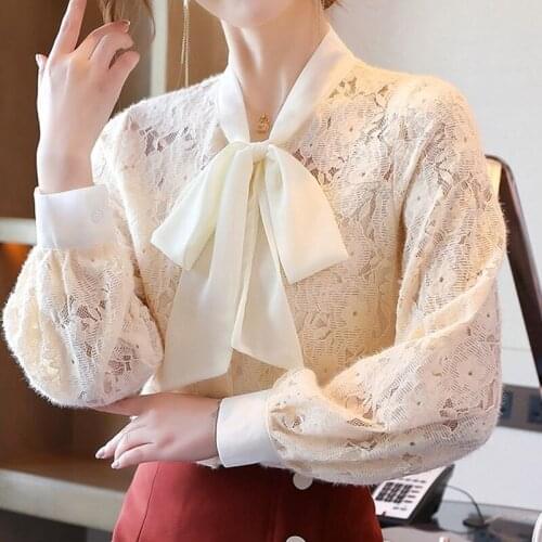 Long Sleeve Women Blouses Shirts Blouse Women Blusas Mujer De Moda 2021 Bow V-neck Hollow Out Lace Blouse Shirt Tops Blusa D504