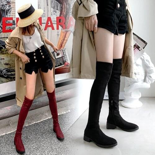Fashion Ladies Over The Knee Boots Comfortable Low Heel Faux Suede Side Zipper Thigh Elastic Boots Black leopard Botas Mujer 39