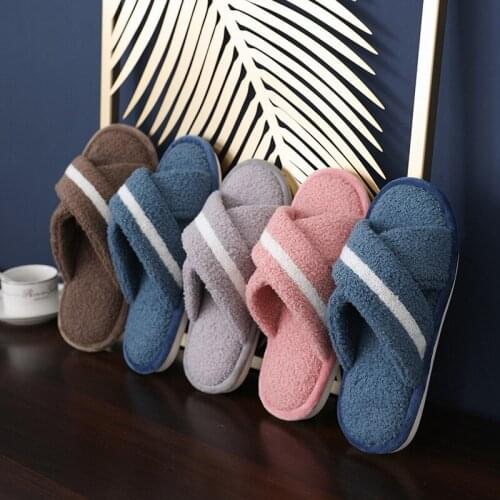 Women And Men Couple Winter Slipper Womens Cotton Slippers Stripe Print Cross Plush Slipper Home Soft Warm Indoor Slippers