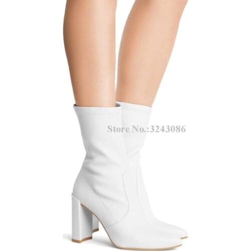 Women White Leather Chunky Heel Short Boots Fashion Large Size Thick Heel Ankle Boots Lady Popular Banquet Shoes Dropship