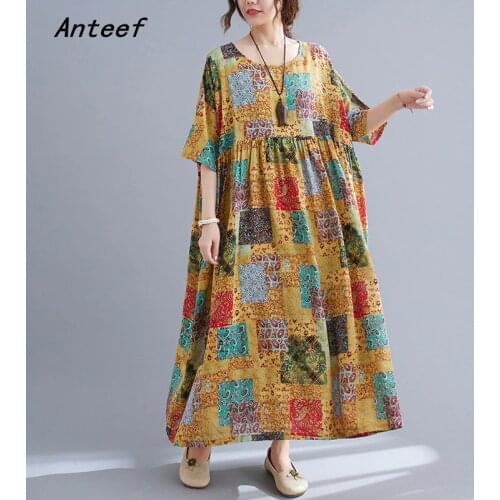 Short sleeve cotton vintage floral dresses for women casual loose long woman summer dress elegant clothes 2021