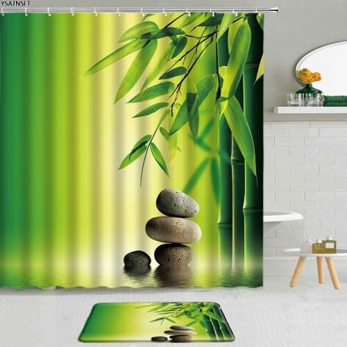 2Pcs Zen Stone Bamboo Shower Curtain Lotus Desert Pebbles Green Leaves Creative Theme Bathroom Non-Slip Bath Mat Curtains Set