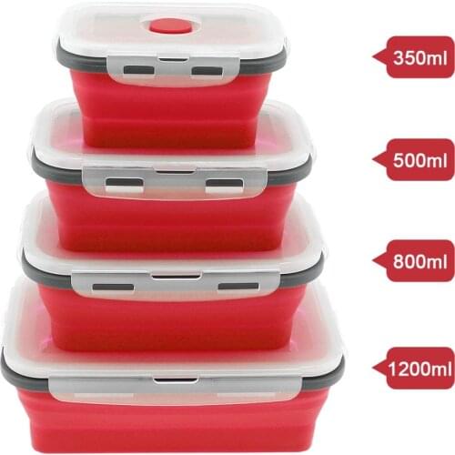 4pcs/lot Red Silicone Rectangle Lunch Box Collapsible Bento Boxes Portable Folding Food Container For Dinnerware