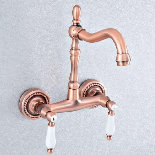 Antique Red Copper Bathroom Basin Faucet Wall Mounted Double Handle Swivel Spout Hot and Cold Mixer Faucet Nsf885