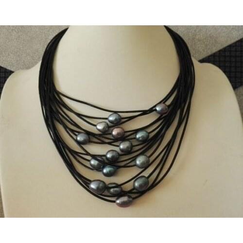 Free shipping Hot sale new Style >>>>>15 strands black Leather Rope & dark gray Freshwater Pearl Necklace