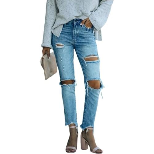 2021 Autumn High Waist Button Pockets Zippers Bleached Ripped Washed Pencil Pants Full-length Trousers Women Jeans