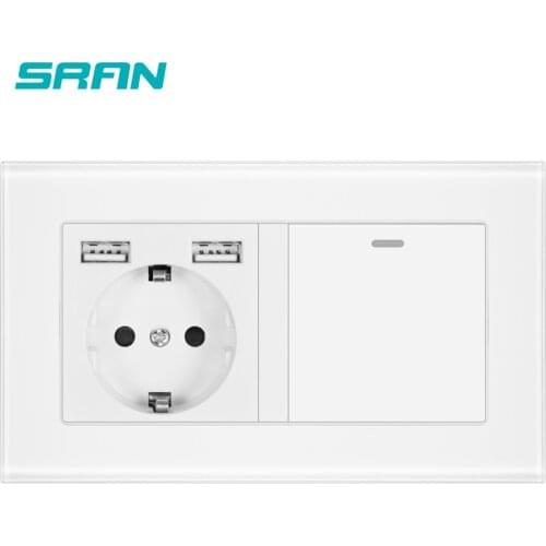 SRAN EU wall socket with rocker switch,220v 16A socket with usb 146*86 crystal glass panel with light switch 1 gang 1/2/3 way