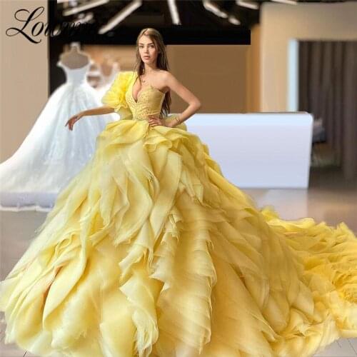 Lowime Yellow Prom Dresses Tiered Tulle Cloud Evening Dress Couture Beaded One Shoulder Long Wedding Party Gowns 2021 Plus Size