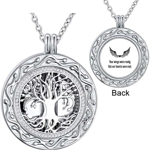 Memorial Gifts Stainless Steel Tree of Life Memorial Cremation Ashes Urn Pendant Angel Wings Necklace Keepsake Carved Jewelry