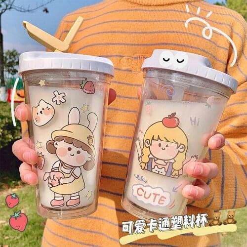 Cute Water Bottle Flip Cartoon Little Girl Plastic Cup Girl Heart Lovely Small Straw Coffee Cup Large Capacity Cup