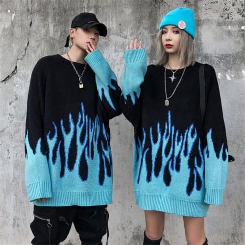 Dropshipping Fashion Hipster Hip Hop Harajuku Knit Sweaters Fire Flame Jumpers Sweater Women Men Streetwear Casual Pullover Tops