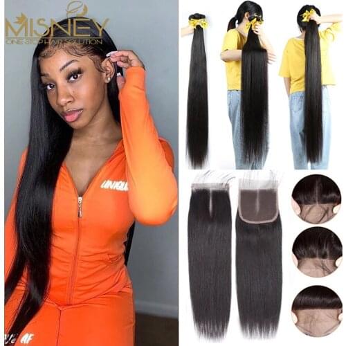 Straight Human Hair Bundles With Closure Brazilian Human Hair Weave Bundles With Lace Closure For Women Remy Hair 22Inch Closure